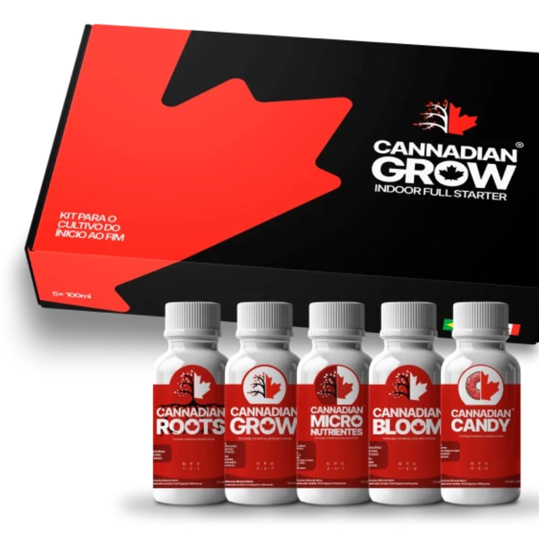 Full Starter Kit Cannadian Grow 100ml 2 Caixa do Full Starter Kit Cannadian Grow 100ml aberta exibindo os cinco frascos de fertilizantes alinhados lado a lado.