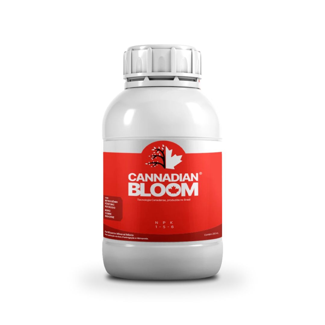 Cannadian Bloom 250ml Frasco do fertilizante mineral fluido Cannadian Bloom Parte B com rótulo cinza e rosa destacando a marca Cannadian Green Lab.