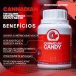 Frasco do fertilizante mineral fluido Cannadian Candy com rótulo cinza e roxo destacando a marca Cannadian Green Lab.