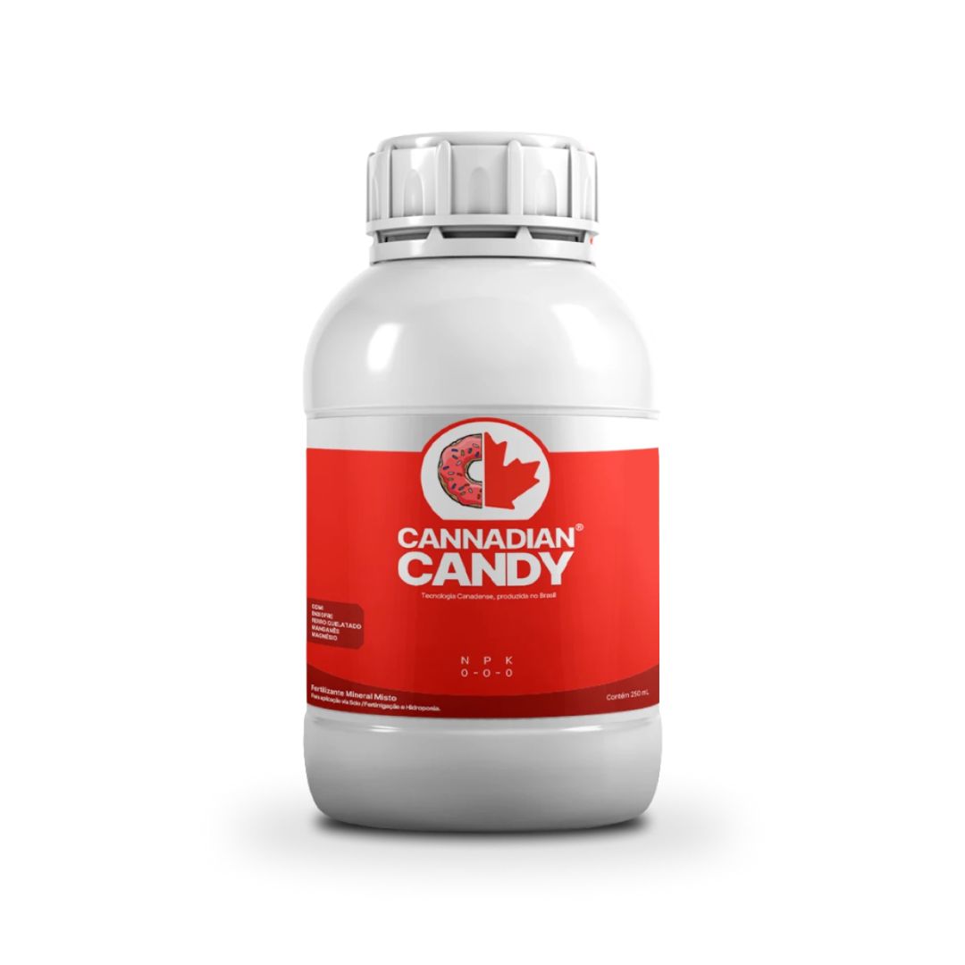 Cannadian Candy 250ml Frasco do fertilizante mineral fluido Cannadian Candy com rótulo cinza e roxo destacando a marca Cannadian Green Lab.