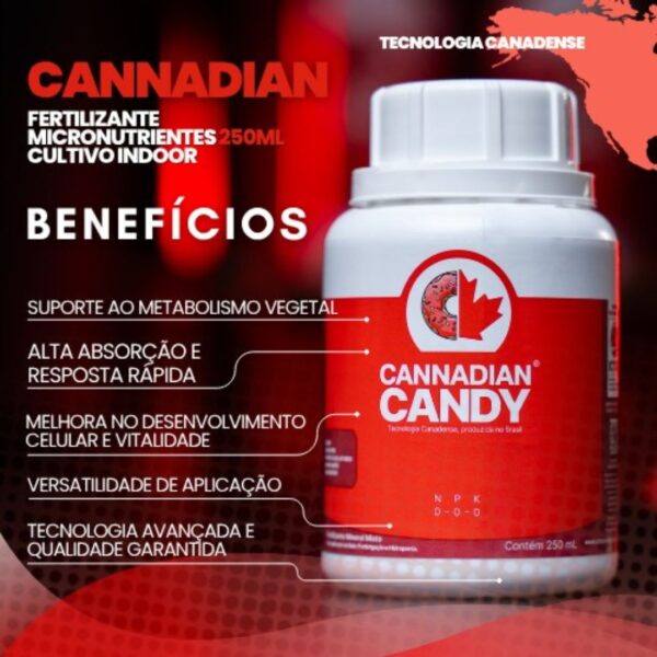 Frasco do fertilizante mineral fluido Cannadian Candy com rótulo cinza e roxo destacando a marca Cannadian Green Lab.