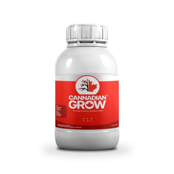 Frasco do fertilizante mineral fluido Cannadian Grow Parte A com rótulo cinza e verde destacando a marca Cannadian Green Lab.
