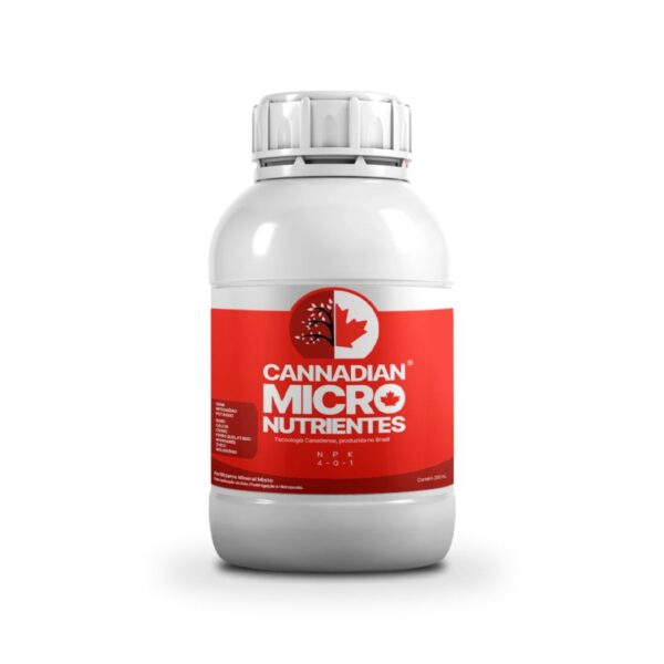Frasco do fertilizante mineral misto fluido Cannadian Micro Parte C com rótulo escuro destacando a marca Cannadian Green Lab.