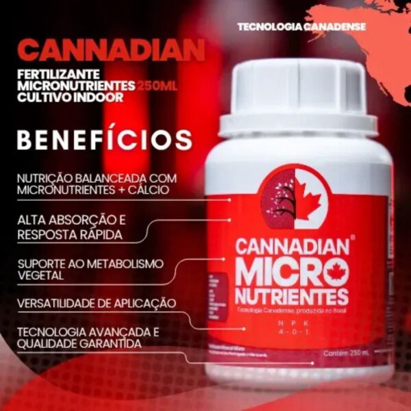 Frasco do fertilizante mineral misto fluido Cannadian Micro Parte C com rótulo escuro destacando a marca Cannadian Green Lab.