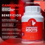 Frasco do fertilizante mineral misto fluido Cannadian Roots exibindo rótulo preto e verde com a identificação da marca Cannadian Green Lab.