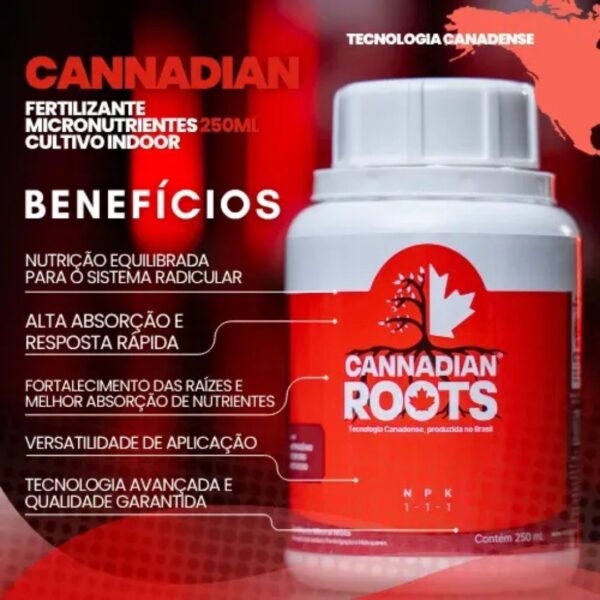 Frasco do fertilizante mineral misto fluido Cannadian Roots exibindo rótulo preto e verde com a identificação da marca Cannadian Green Lab.