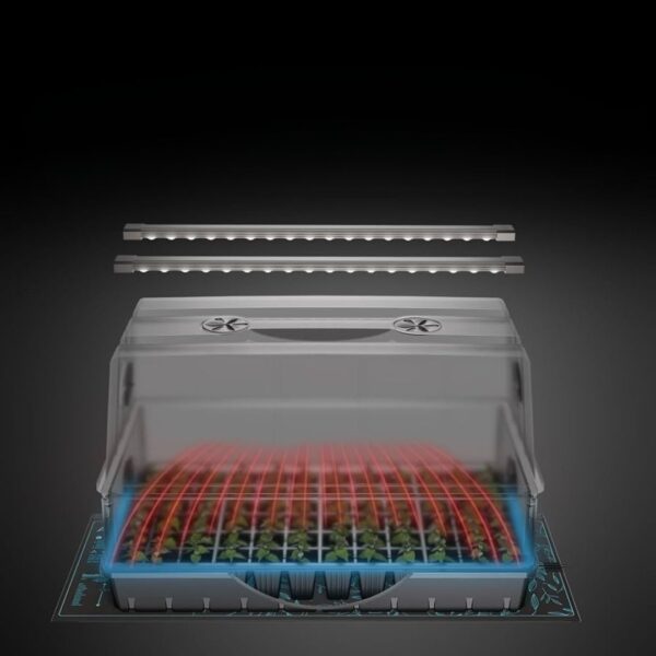 Kit de germinação e clonagem AC Infinity com dome transparente, barras de LED acesas e tapete térmico sobre a bancada.