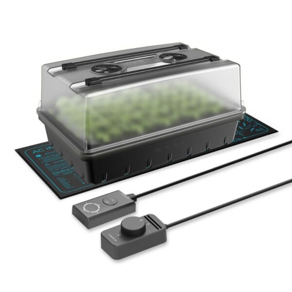 Kit de germinação e clonagem AC Infinity com dome transparente, barras de LED acesas e tapete térmico sobre a bancada.