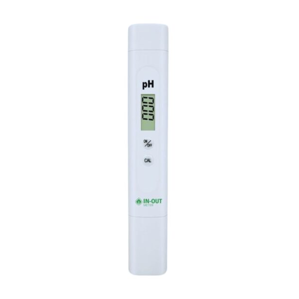 Medidor de pH digital compacto modelo Basic da marca In-out Tester sobre fundo neutro.