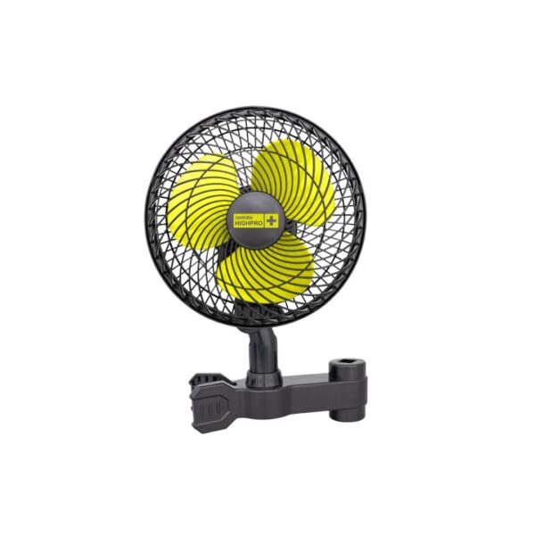 Ventilador de clip oscilante Garden Highpro Profan de 20cm na cor preta com detalhes em verde brilhante fixado na barra de uma estufa.