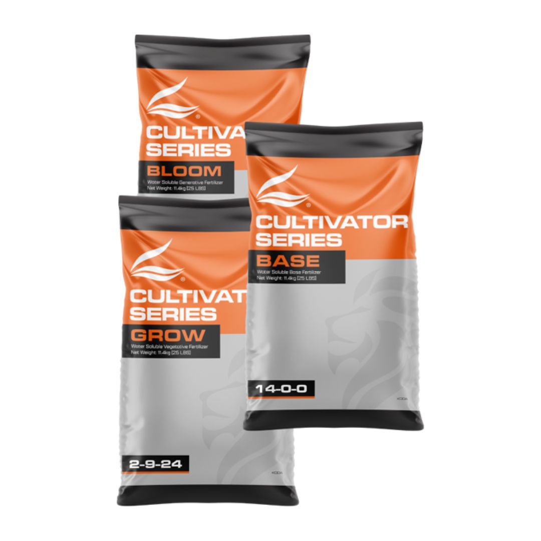 kit-cultivator-series-1kg-advanced-nutrients Três embalagens do Kit Cultivator Series 3x1kg da Advanced Nutrients contendo os produtos Base, Grow e Bloom alinhados.