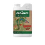 Frasco do fertilizante orgânico líquido OG Organics Iguana Juice Bloom da Advanced Nutrients sobre fundo neutro.