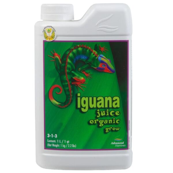 Frasco do fertilizante líquido orgânico OG Organics Iguana Juice Grow da Advanced Nutrients sobre fundo neutro.
