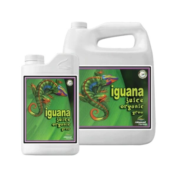 Frasco do fertilizante líquido orgânico OG Organics Iguana Juice Grow da Advanced Nutrients sobre fundo neutro.