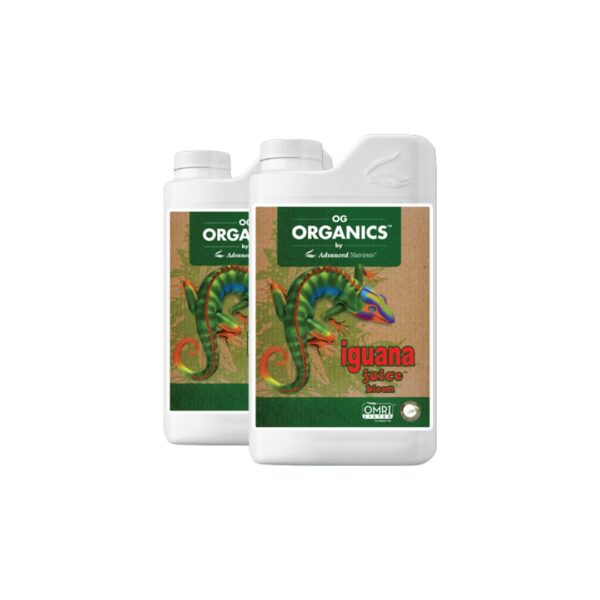 Frasco do fertilizante orgânico líquido OG Organics Iguana Juice Bloom da Advanced Nutrients sobre fundo neutro.