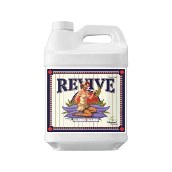 Galão e frasco do suplemento recuperador Revive da Advanced Nutrients para plantas sob estresse.